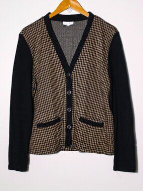 VTG Origins Houndstooth Knit Cardigan Sweater Dark Academia Preppy Black Brown L